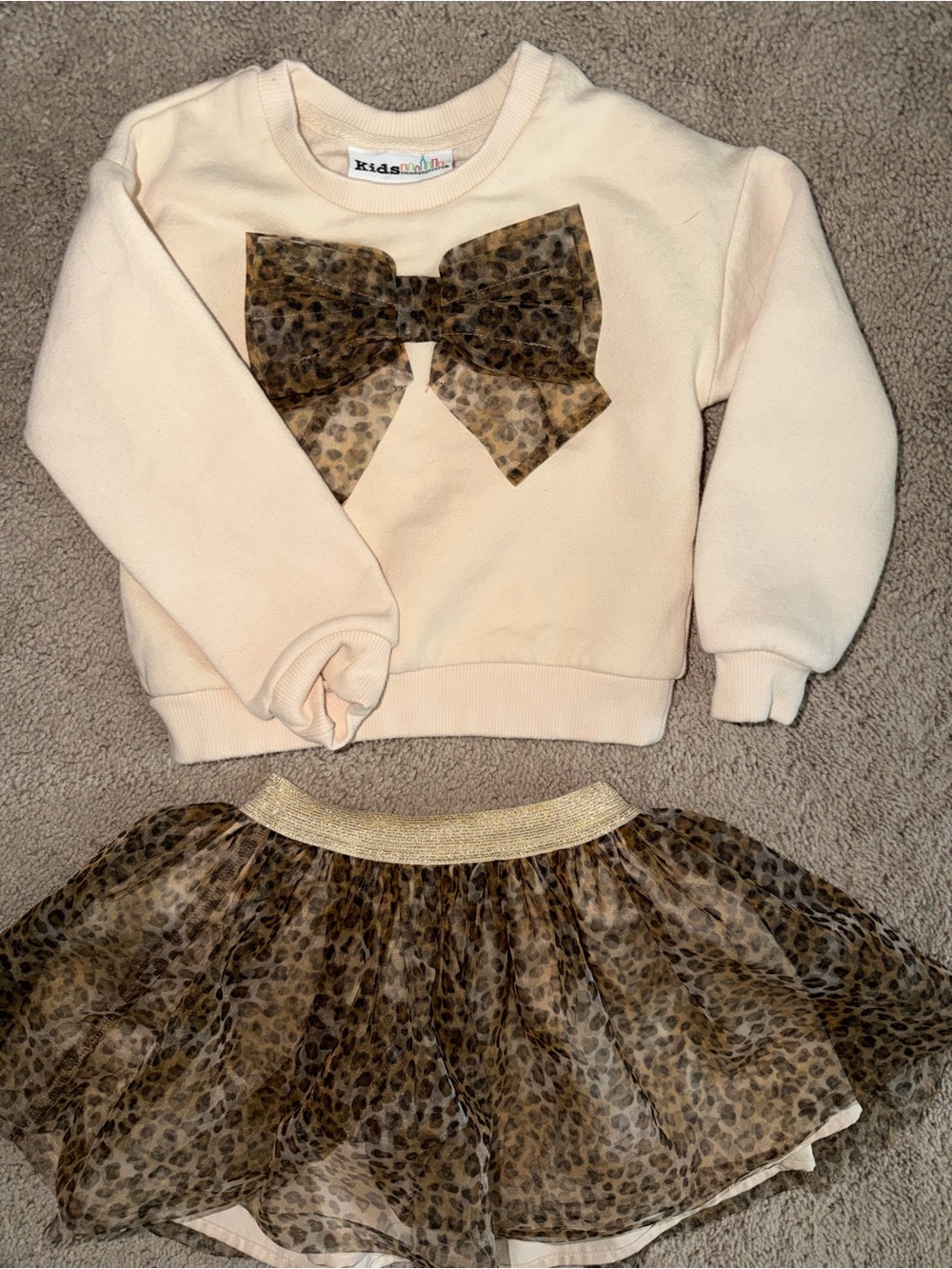 Kids Headquarters Cream Sweatshirt & Leopard Tulle Skirt Set